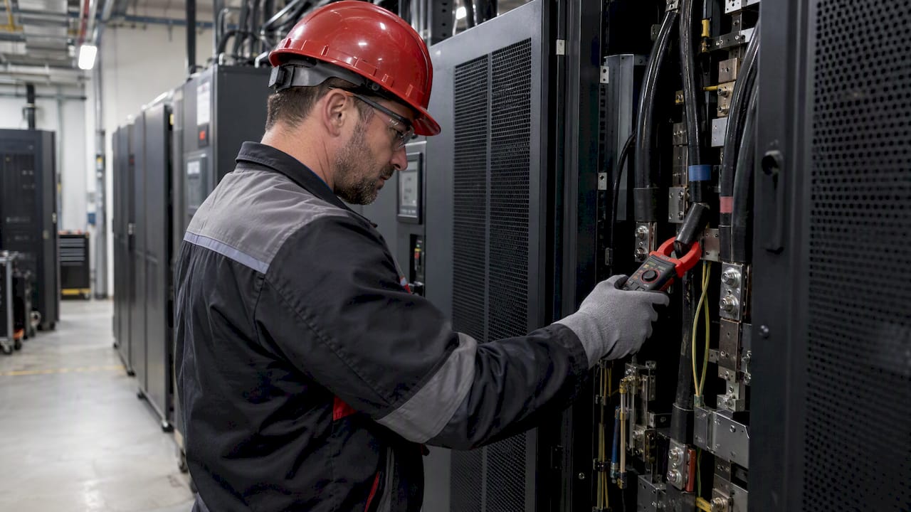 Technician measuring data center UPS output for energy optimization