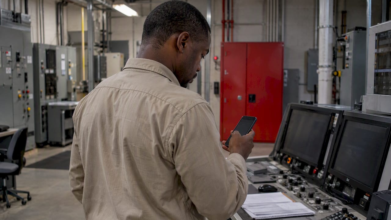 Engineer checking a building alert on phone