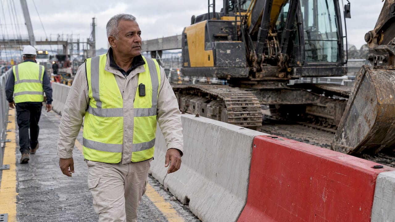 Worker wearing a connected safety wearable at a roadwork construction site