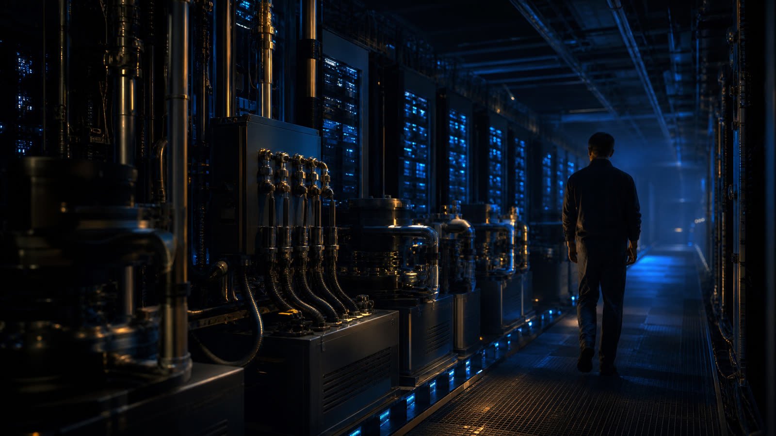 Liquid-cooled AI factory hall with pipework and rack rows