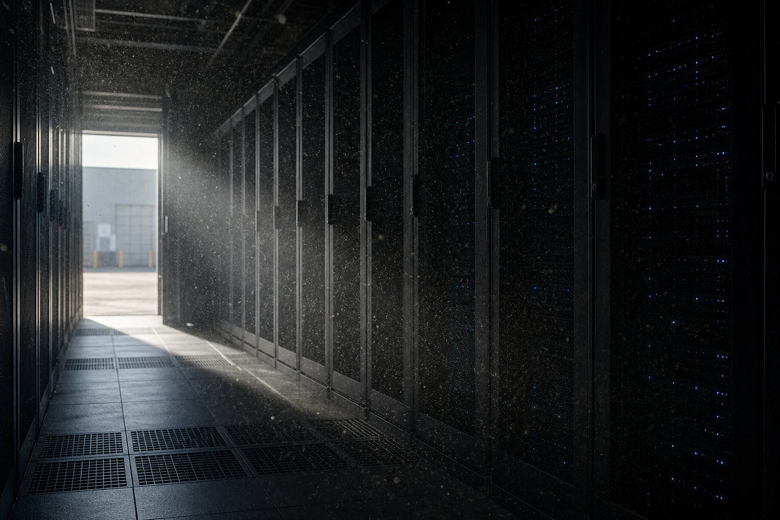 Airborne dust visible in a data hall aisle, with daylight from an open loading bay catching the particles