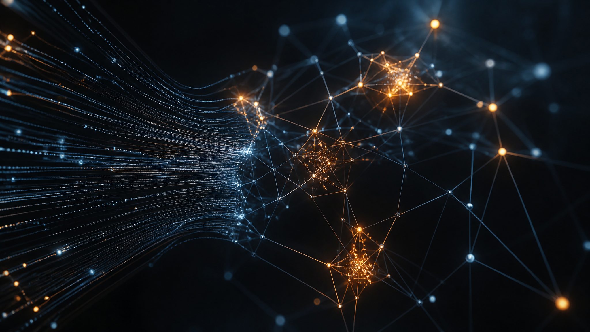 Abstract event correlation visual showing telemetry streams, graphs, and alert relationships