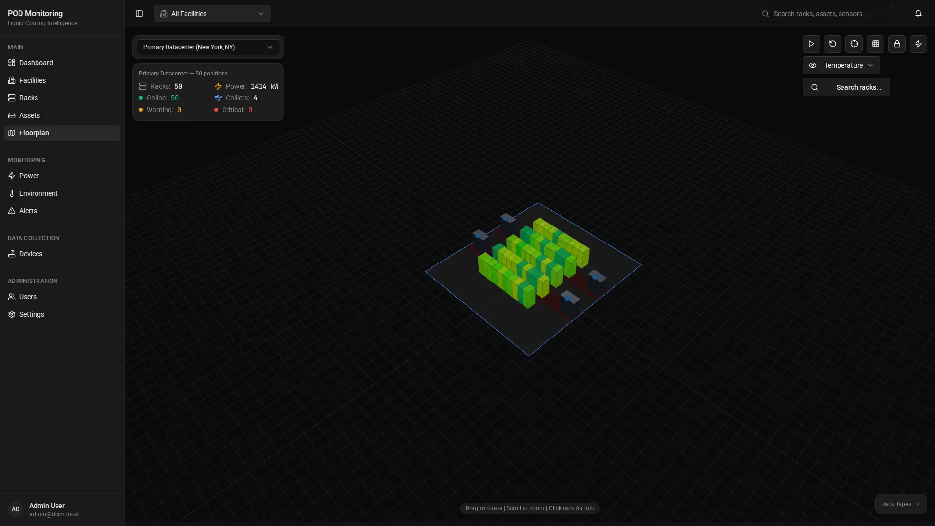PODVIEW 3D data hall view with heat-mapped racks and colour-coded CDUs