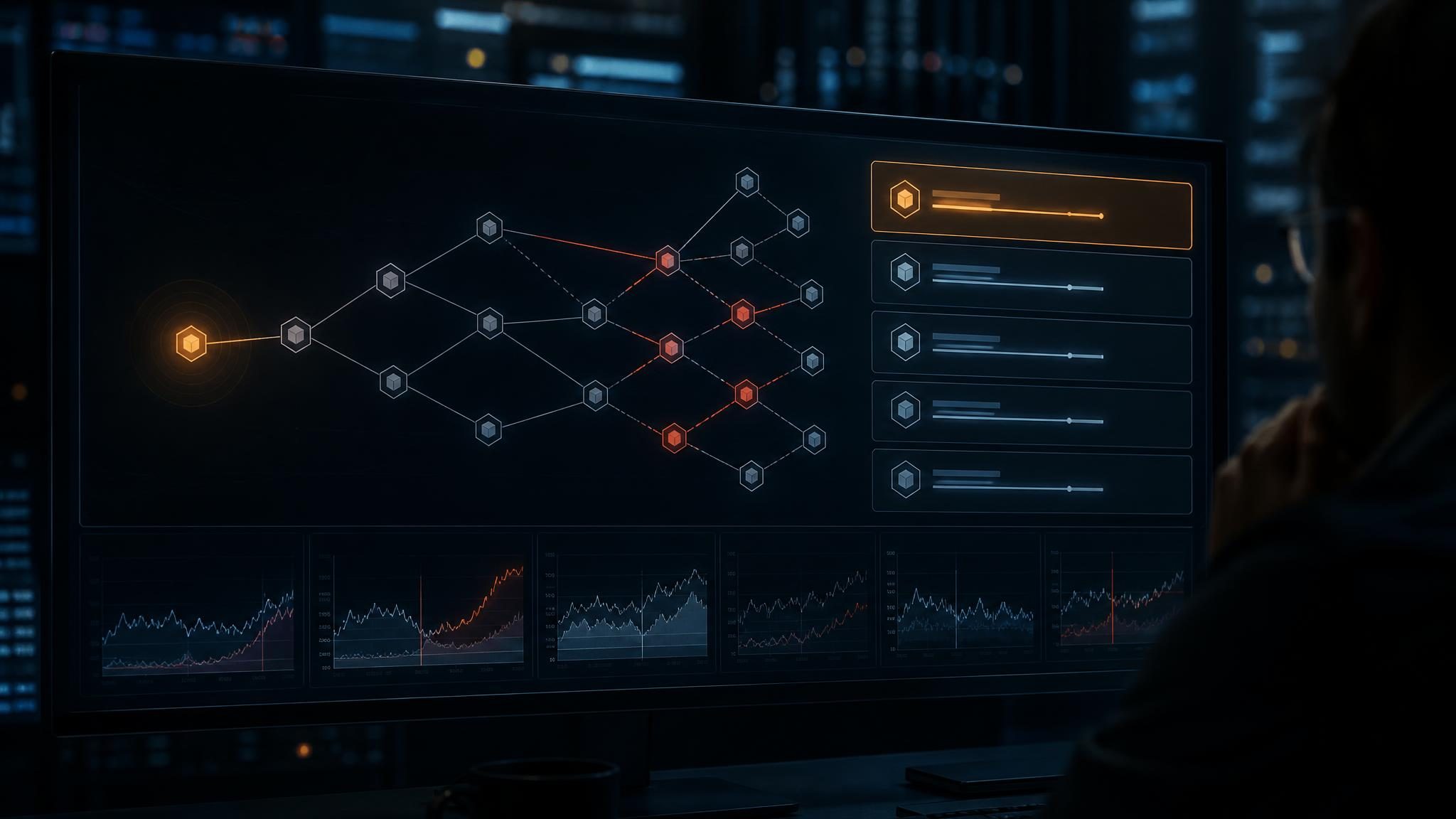 Root cause analysis automation dashboard showing telemetry, service dependencies, and ranked incident hypotheses