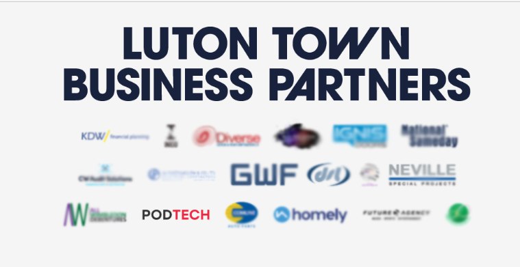 Luton Town FC Business Partners including PODTECH, GWF, Neville, Homely, and other sponsors