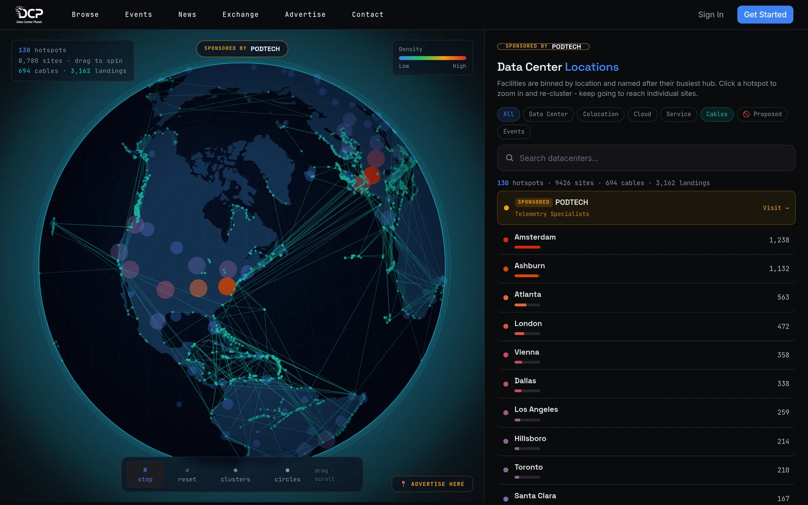 Data Center Planet global listings map showing data centre hotspots, subsea cables, and landing points