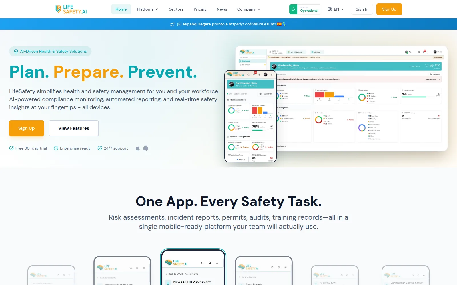 LifeSafety.ai homepage — Plan. Prepare. Prevent. with the safety dashboard and mobile app