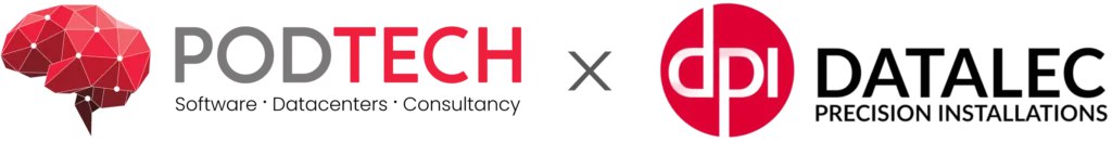 PODTECH and Datalec partnership banner showing combined data centre infrastructure and software integration capabilities